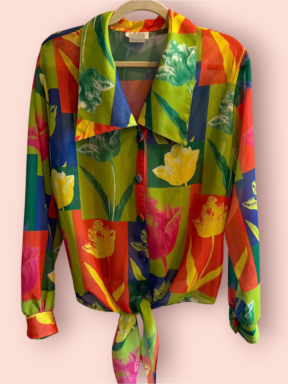 Vintage Melissa Paige Sheer Tulip Floral Patchwork Tie Front Blouse